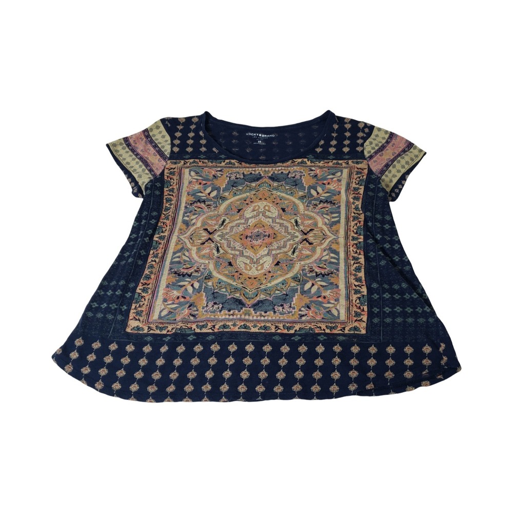 Lucky Brand Womens 2X Navy Blue Mandala Paisley Print Cotton Modal Scoop Top